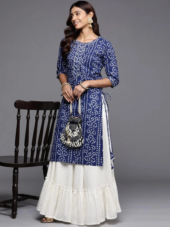 Blue Printed Cotton Straight Kurta - Libas