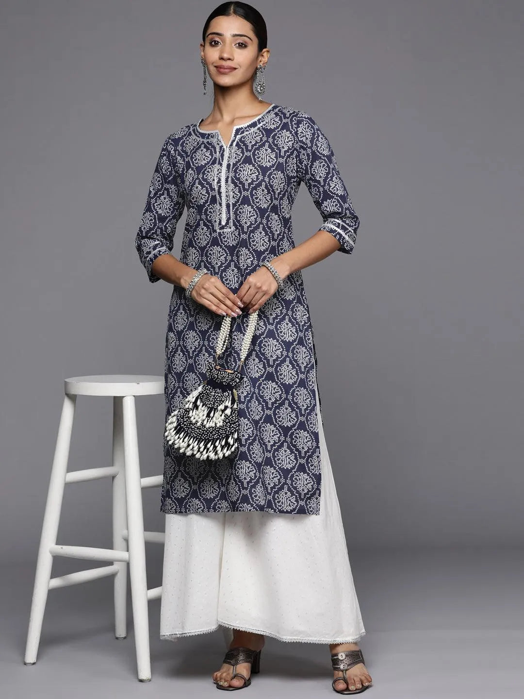 Blue Printed Cotton Straight Kurta - Libas