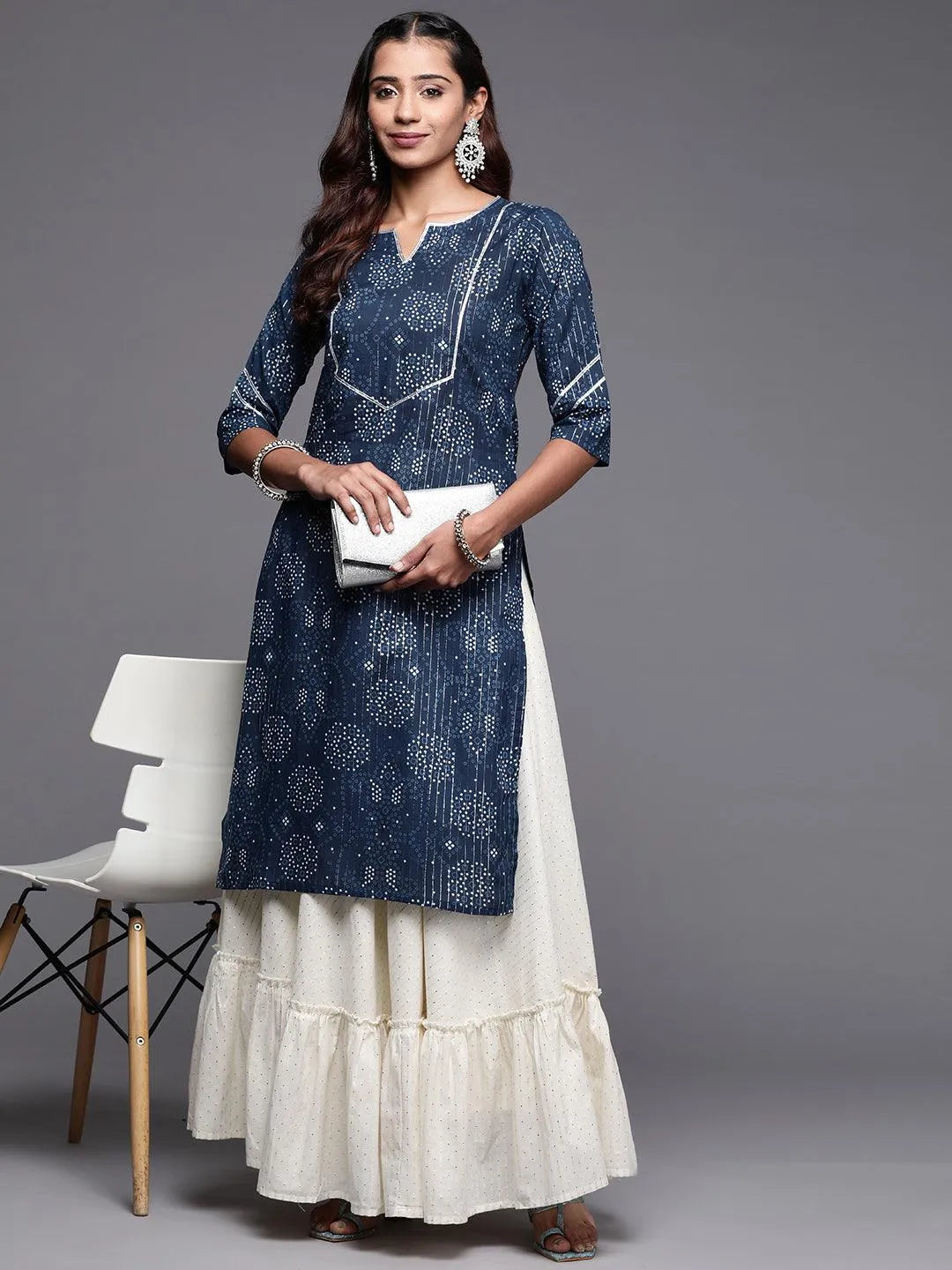 Blue Printed Cotton Straight Kurta - Libas 