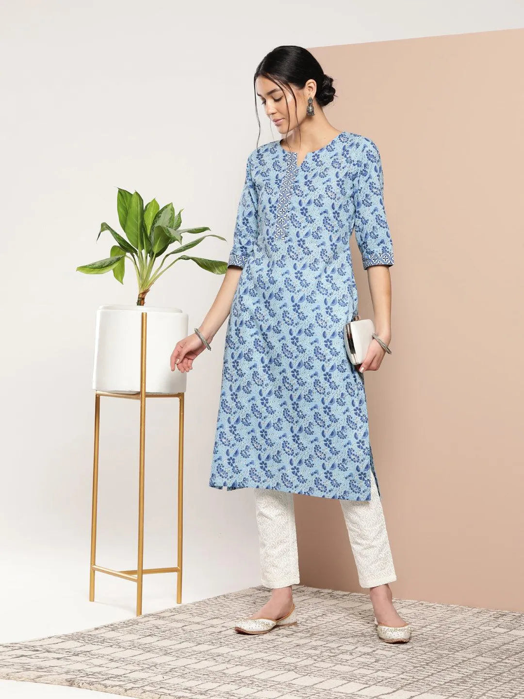 Blue Printed Cotton Straight Kurta - Libas