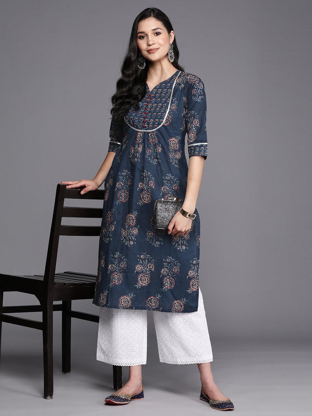 Blue Printed Cotton Straight Kurta - Libas 