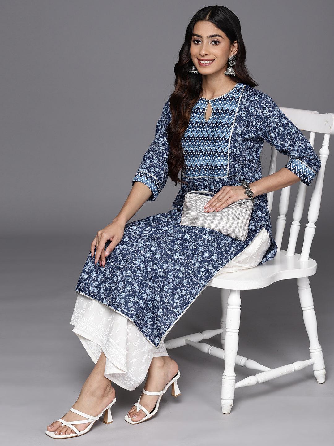 Blue Printed Cotton Straight Kurta - Libas