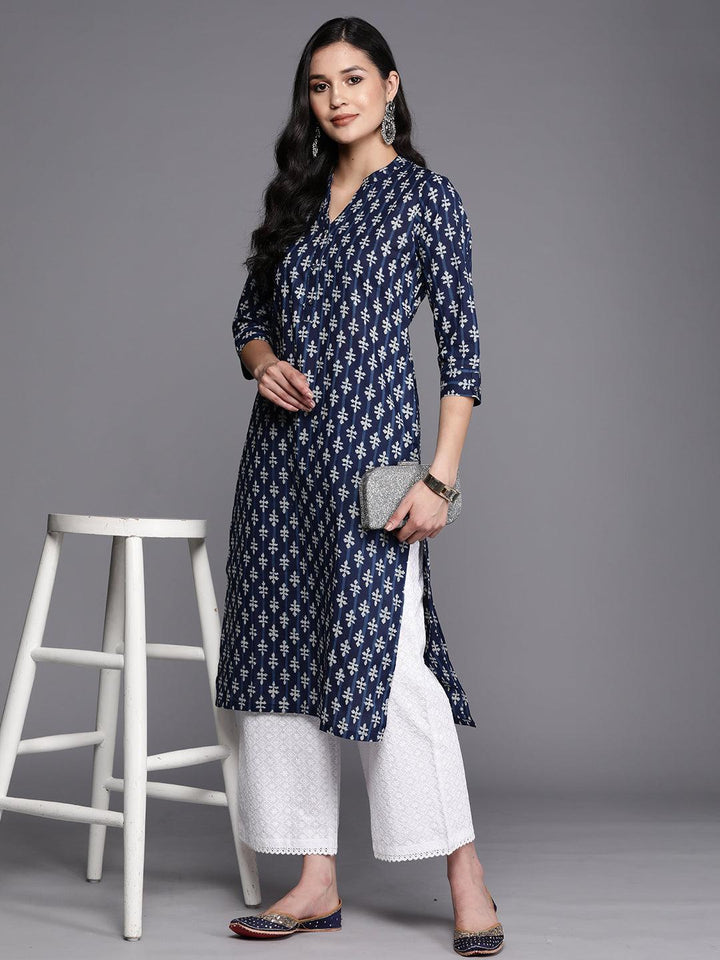 Blue Printed Cotton Straight Kurta - Libas