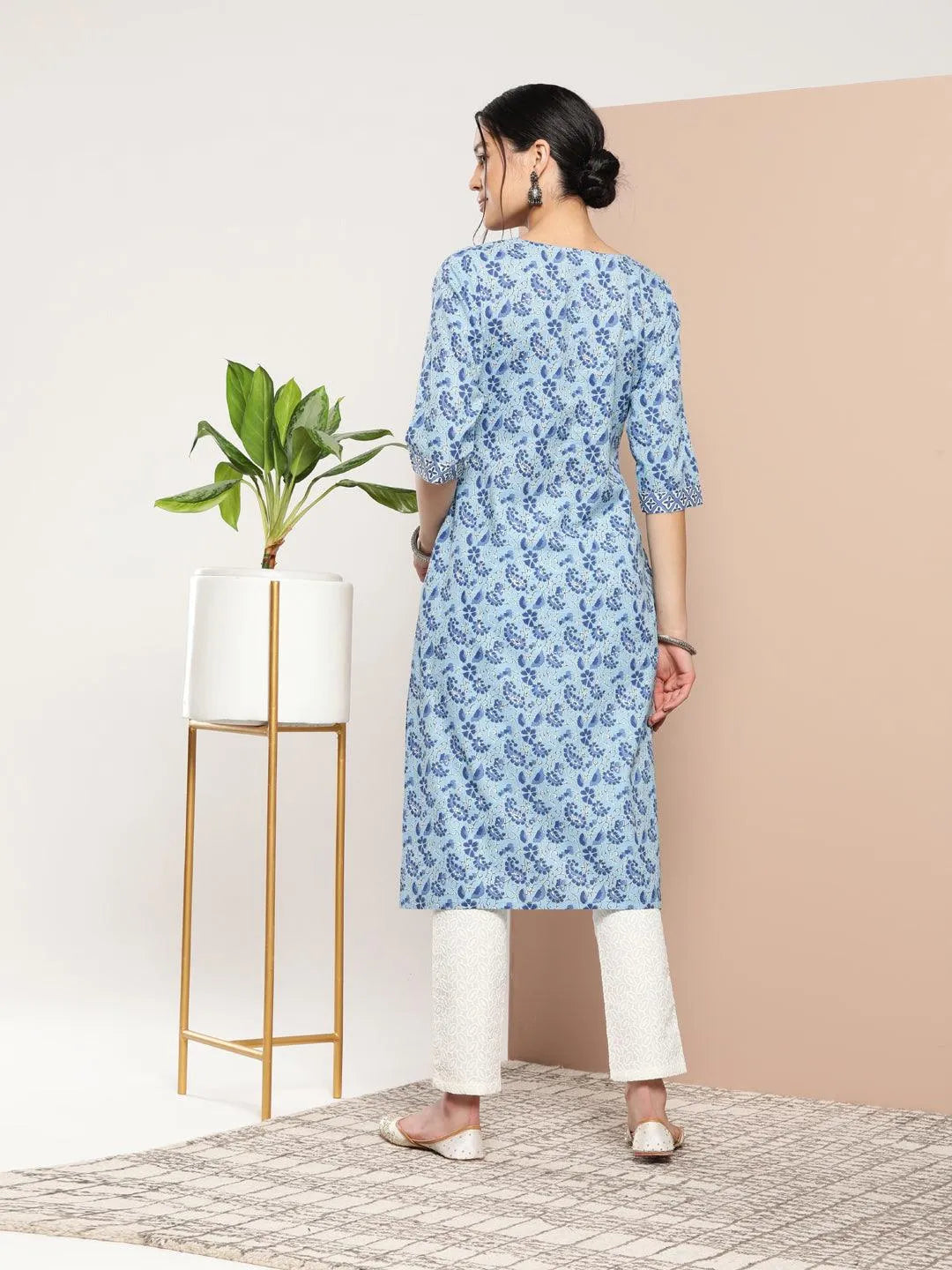 Blue Printed Cotton Straight Kurta - Libas 