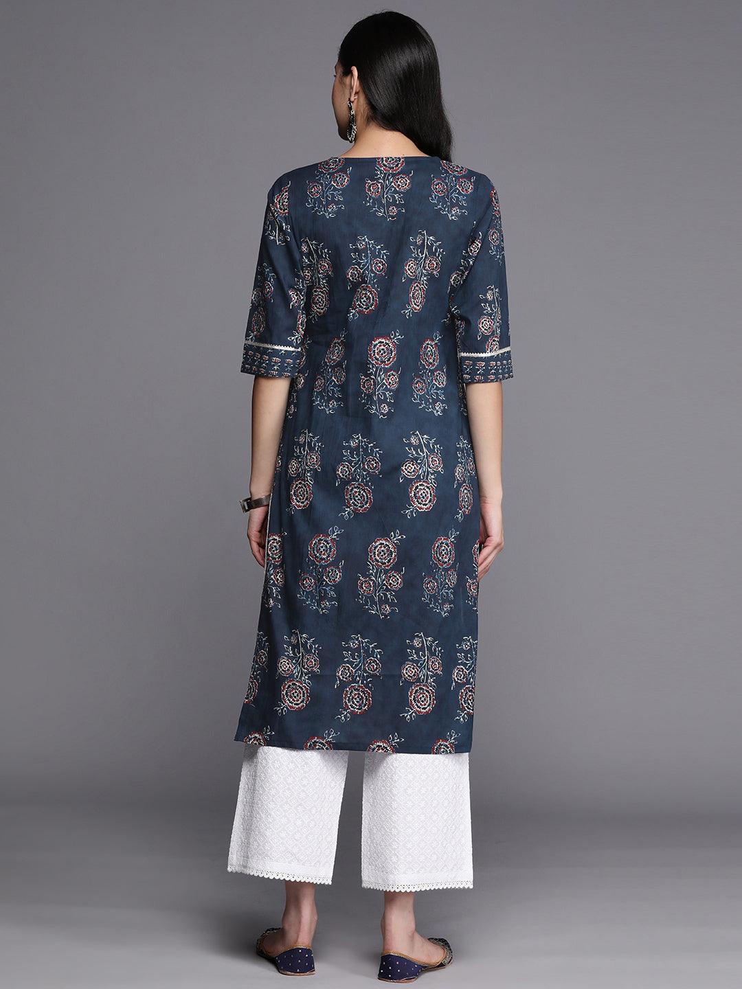 Blue Printed Cotton Straight Kurta - Libas 