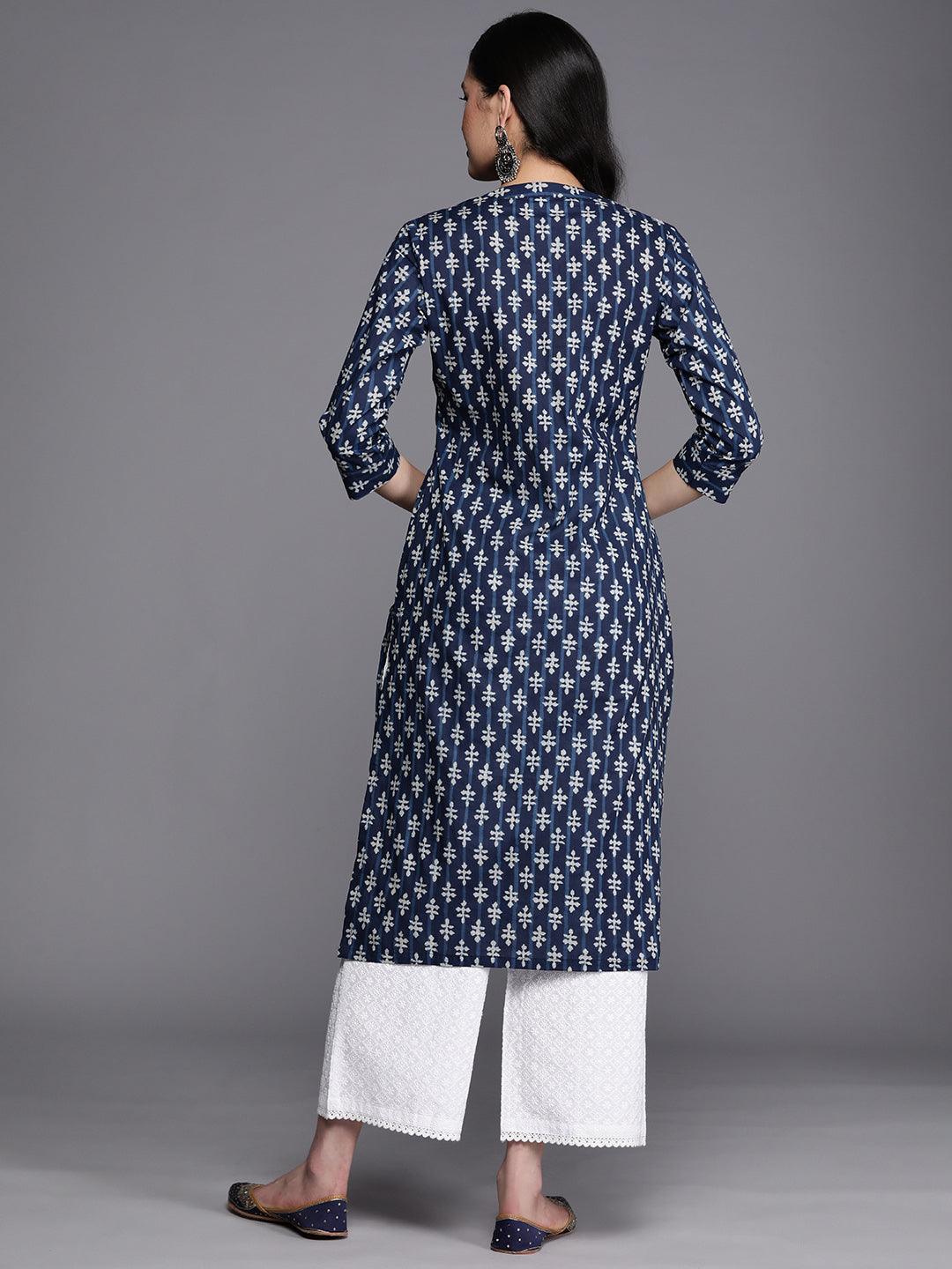 Blue Printed Cotton Straight Kurta - Libas 