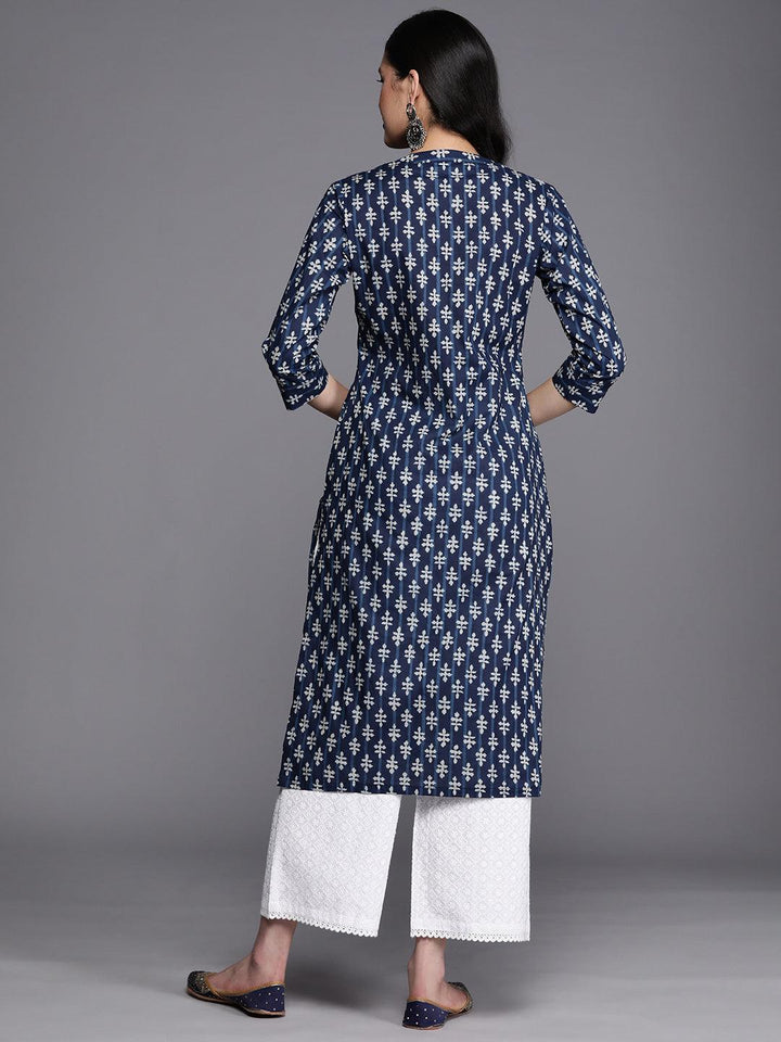 Blue Printed Cotton Straight Kurta - Libas