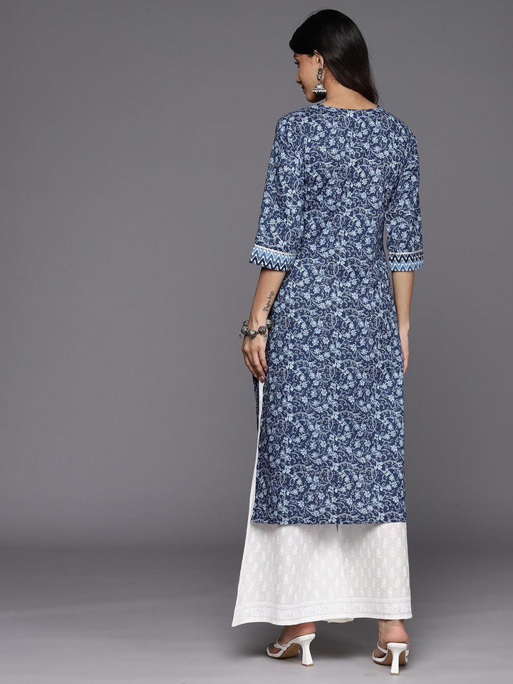 Blue Printed Cotton Straight Kurta - Libas