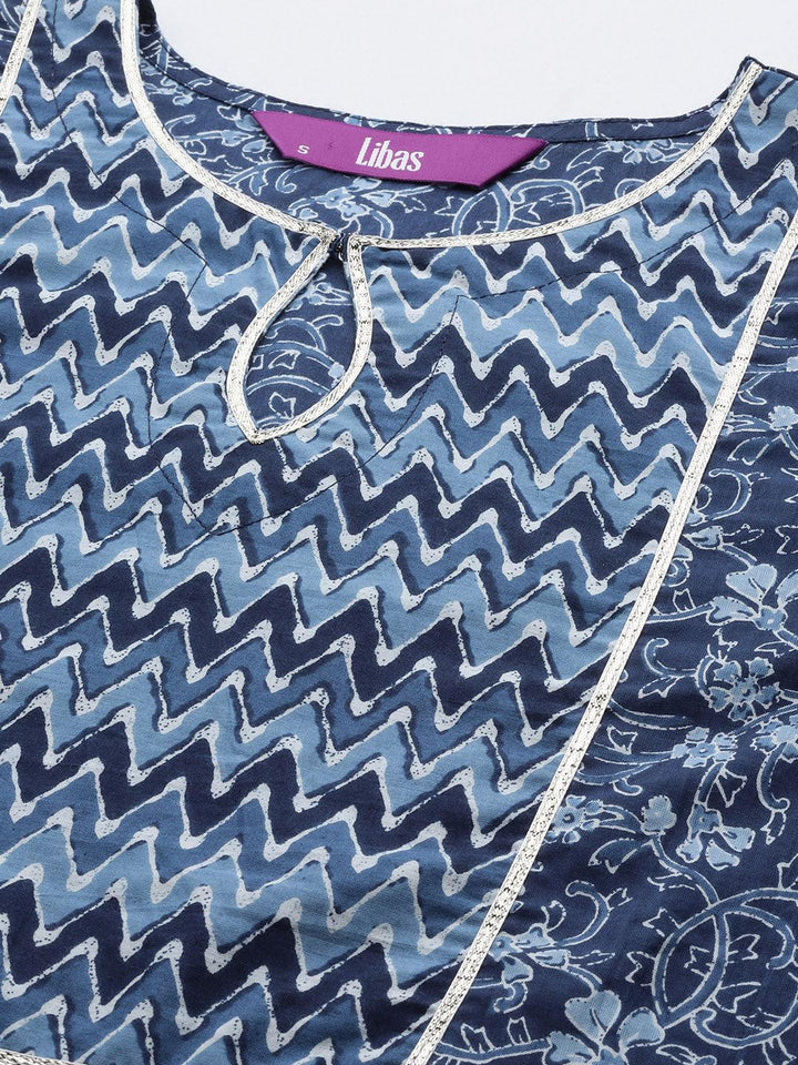 Blue Printed Cotton Straight Kurta - Libas