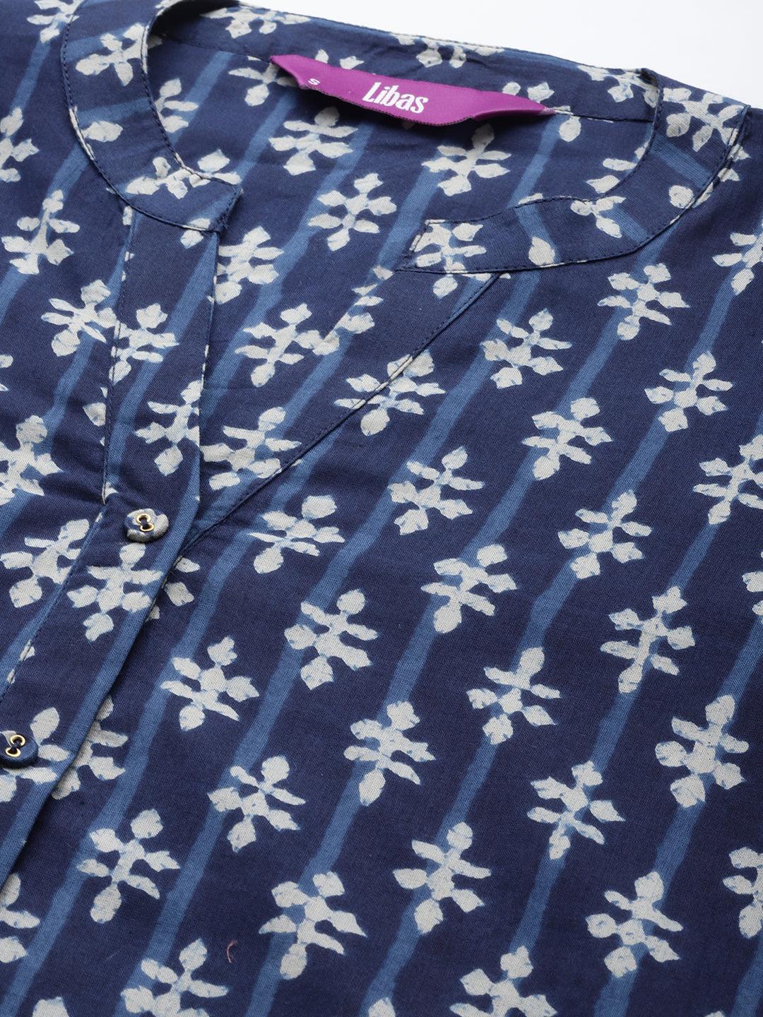 Blue Printed Cotton Straight Kurta - Libas