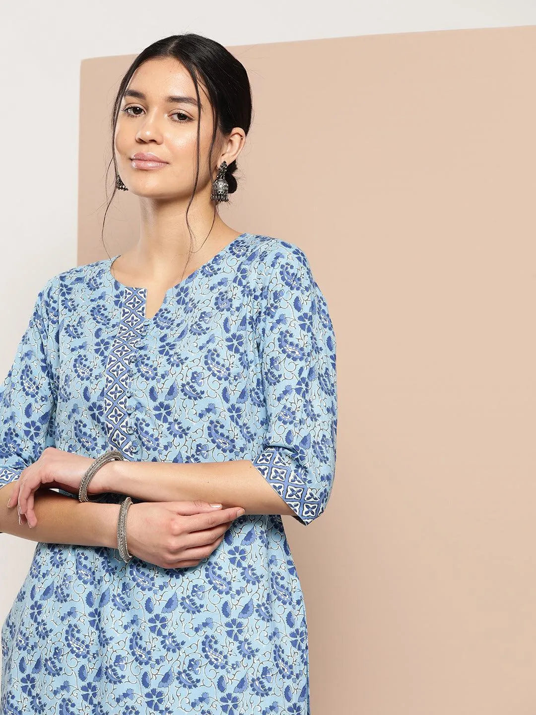 Blue Printed Cotton Straight Kurta - Libas