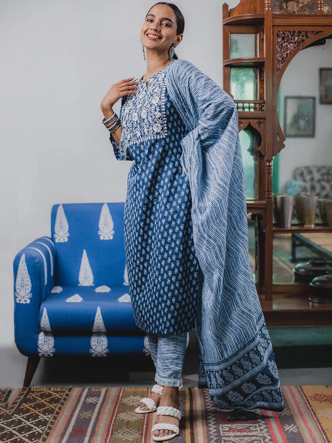 Blue Printed Cotton Suit Set - Libas 