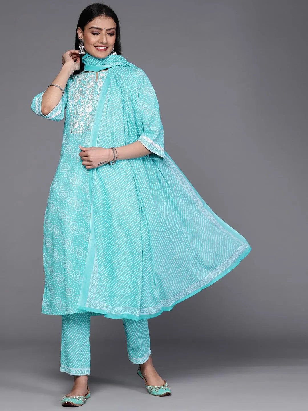 Blue Printed Cotton Suit Set - Libas 