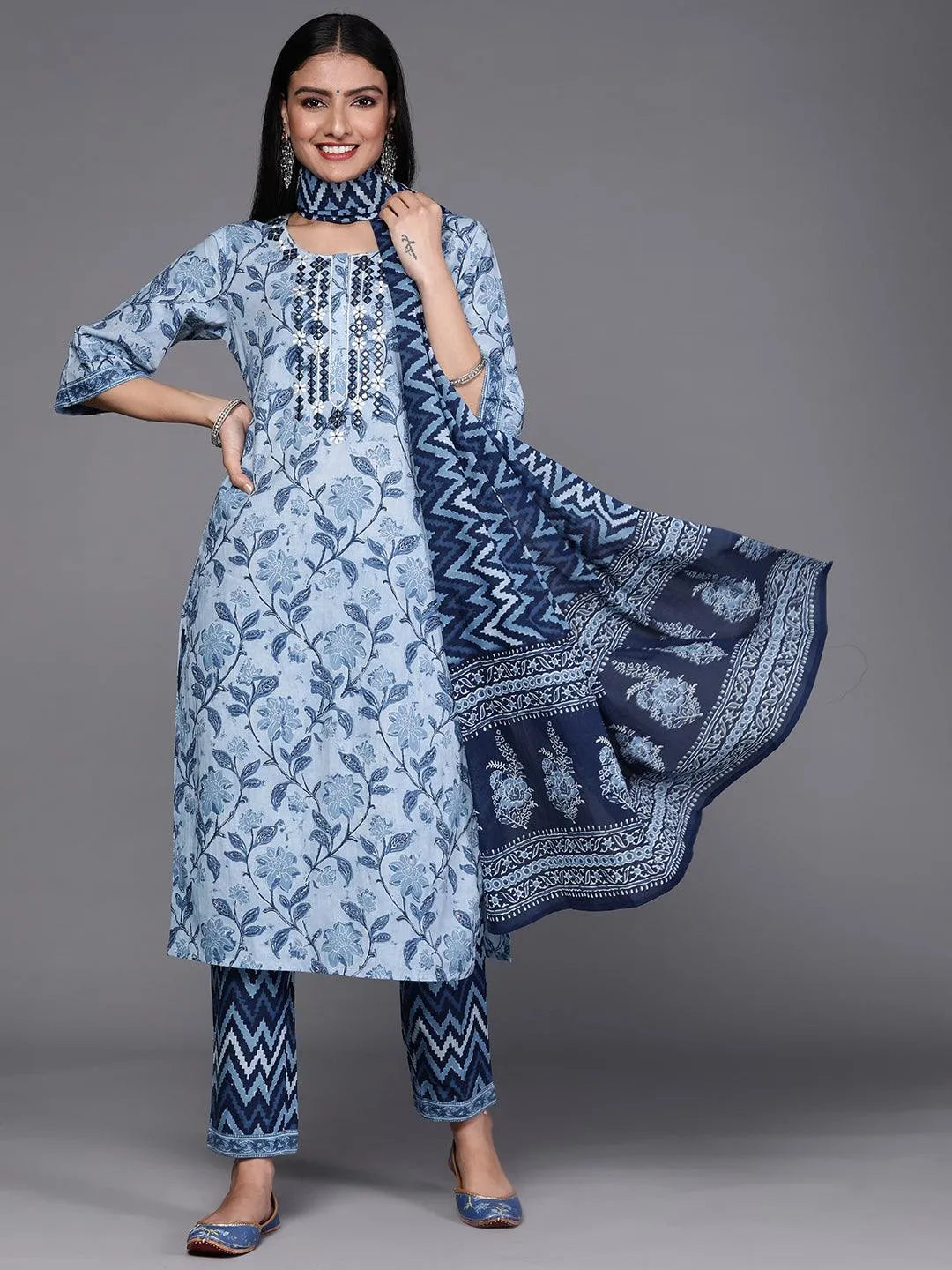 Blue Printed Cotton Suit Set - Libas 