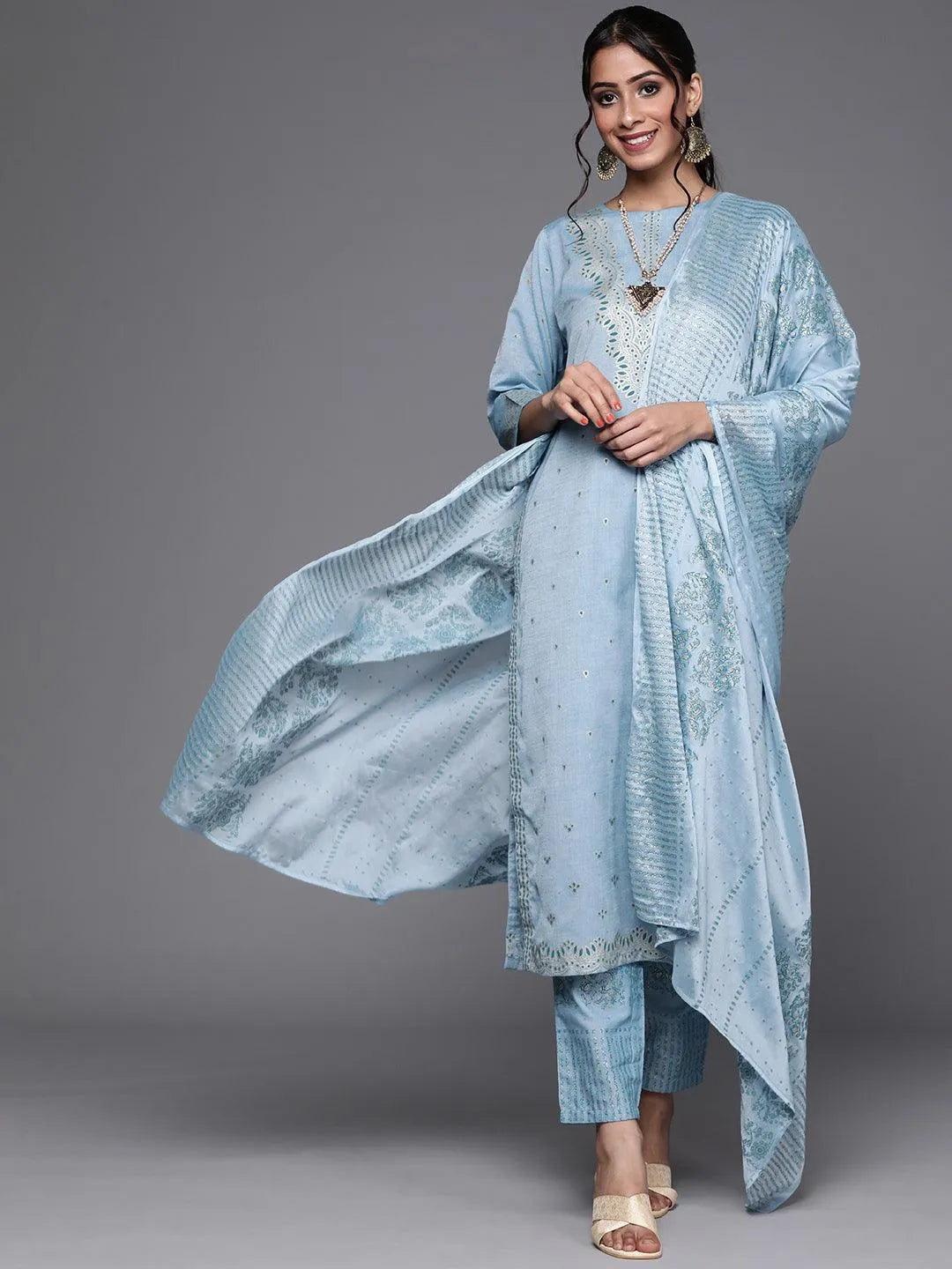 Blue Printed Cotton Suit Set - Libas