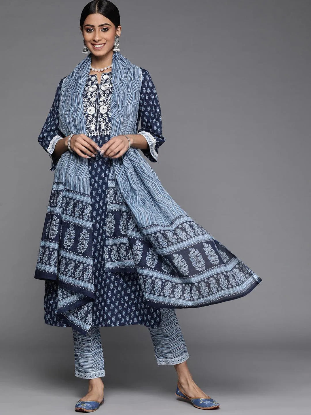 Blue Printed Cotton Suit Set - Libas 