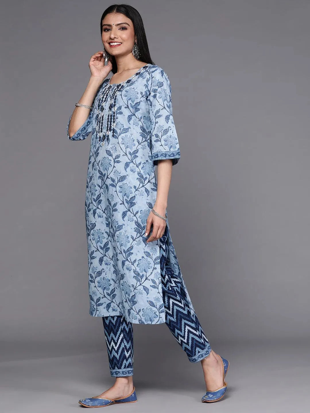 Blue Printed Cotton Suit Set - Libas 