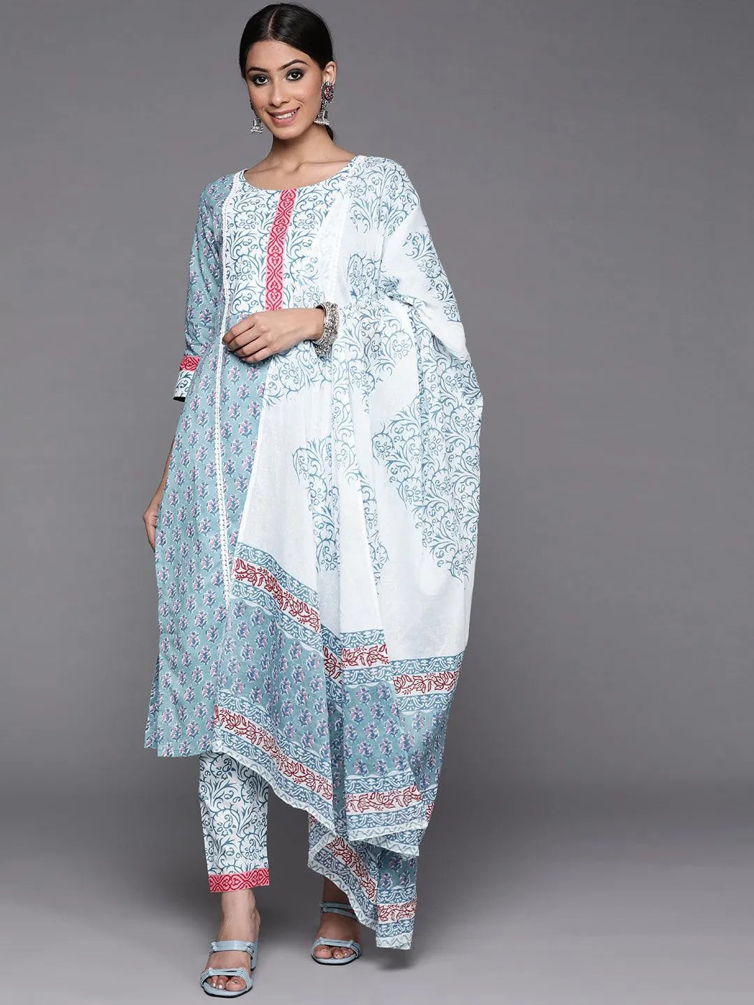 Blue Printed Cotton Suit Set - Libas 