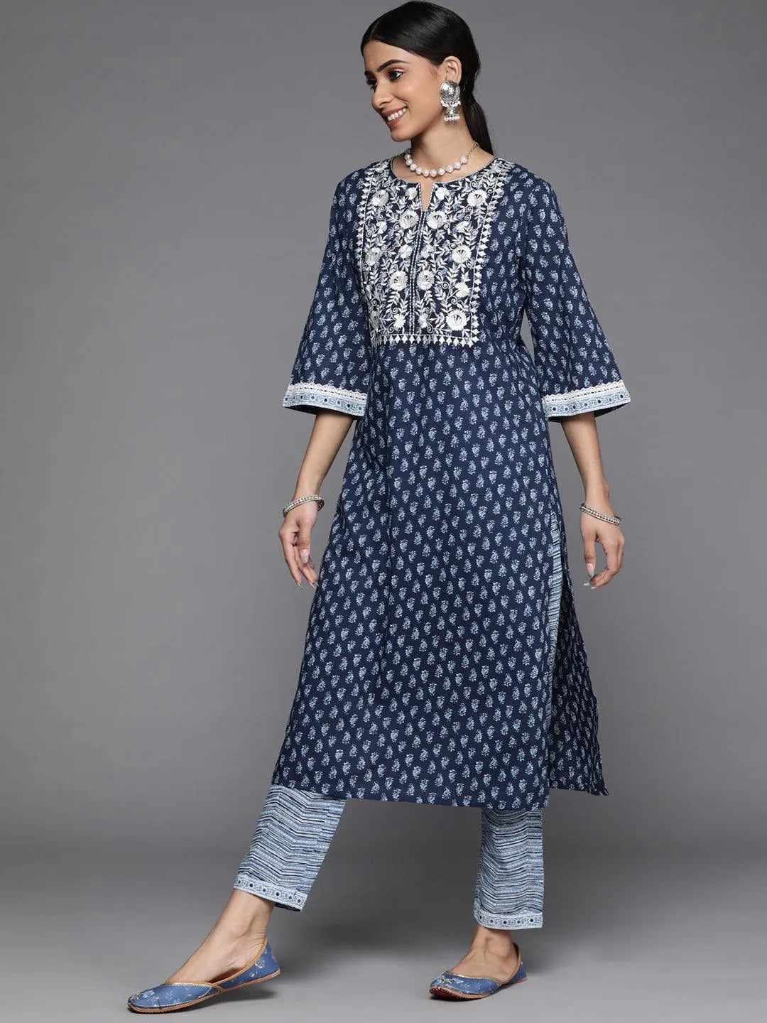 Blue Printed Cotton Suit Set - Libas 