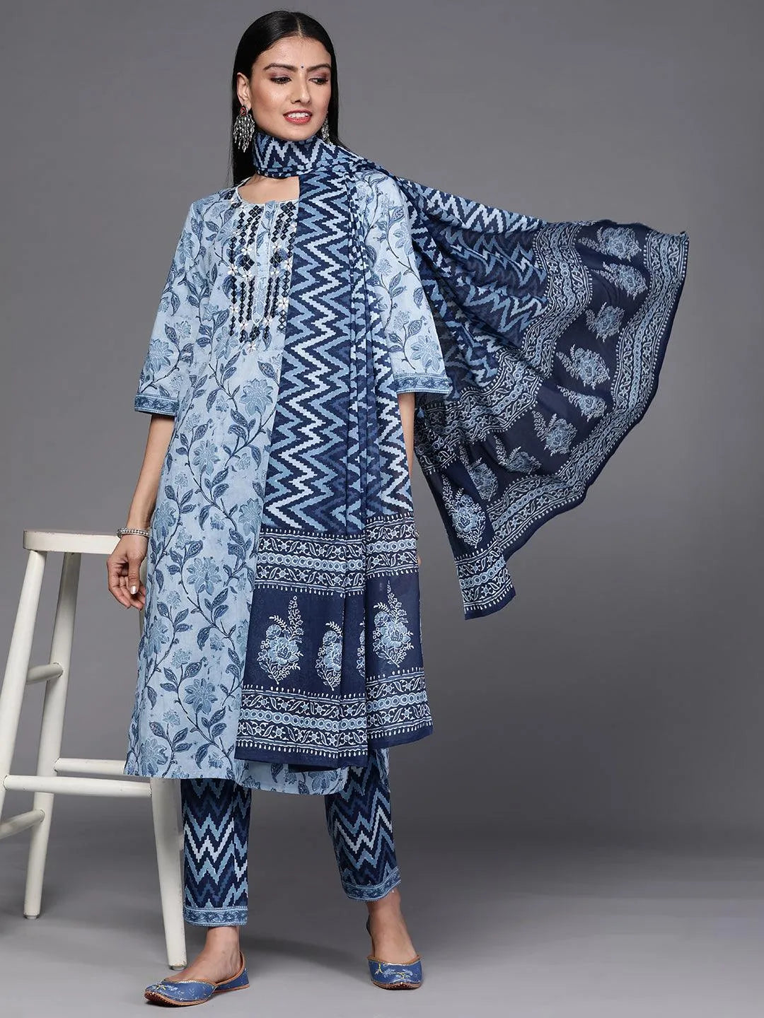 Blue Printed Cotton Suit Set - Libas