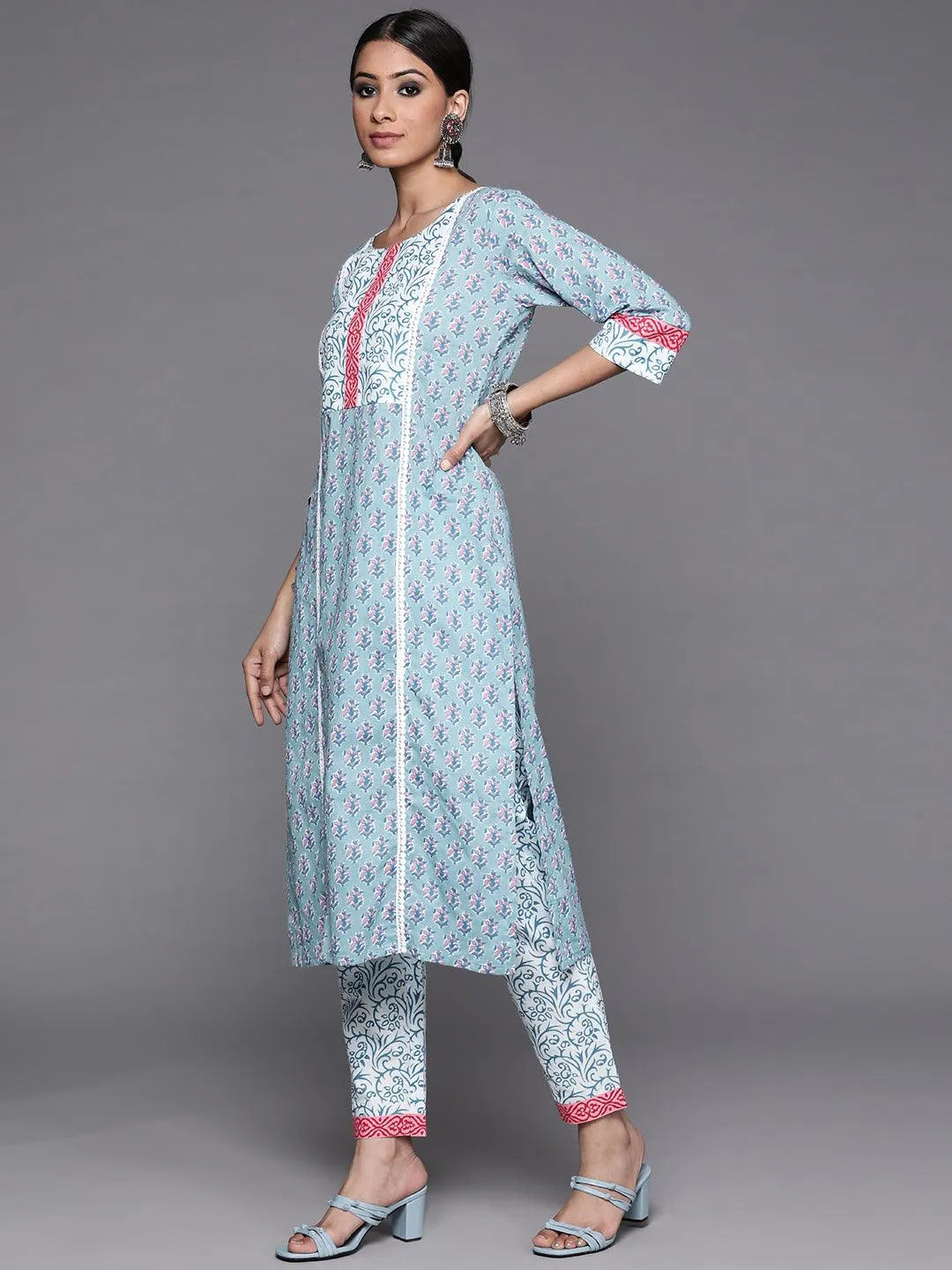 Blue Printed Cotton Suit Set - Libas 