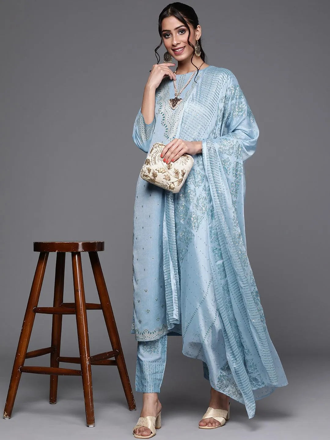 Blue Printed Cotton Suit Set - Libas