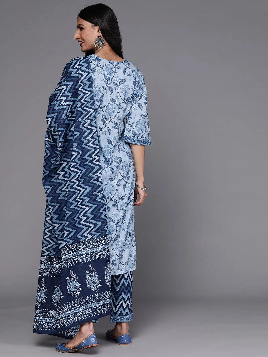 Blue Printed Cotton Suit Set - Libas 