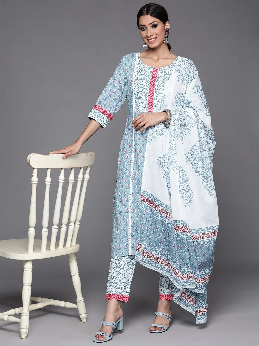 Blue Printed Cotton Suit Set - Libas 