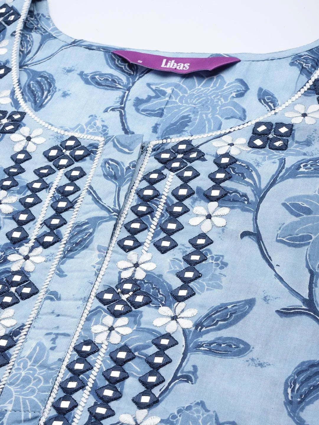 Blue Printed Cotton Suit Set - Libas 