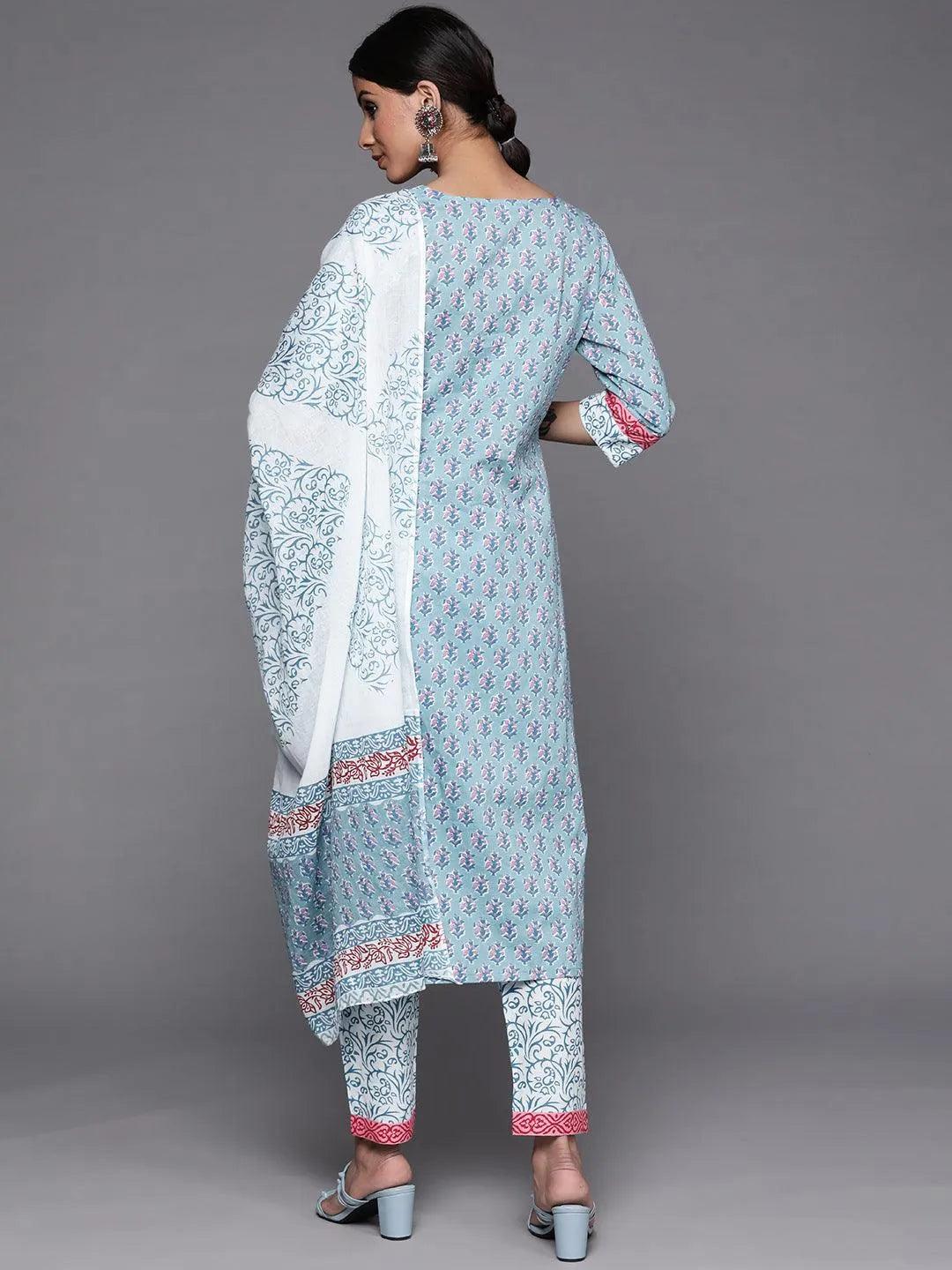 Blue Printed Cotton Suit Set - Libas 