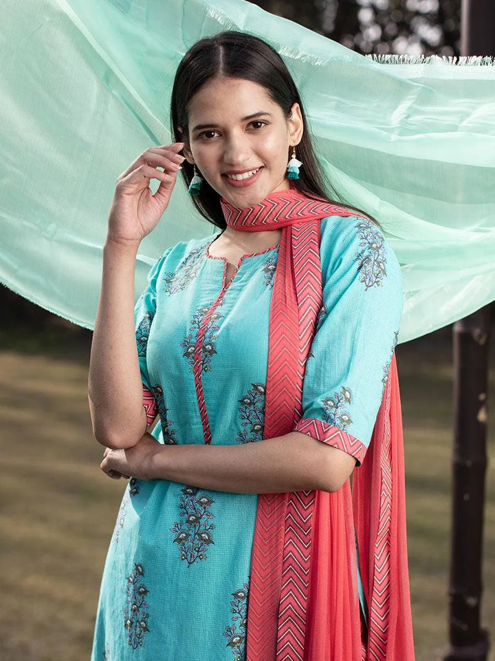 Blue Printed Cotton Suit Set - Libas