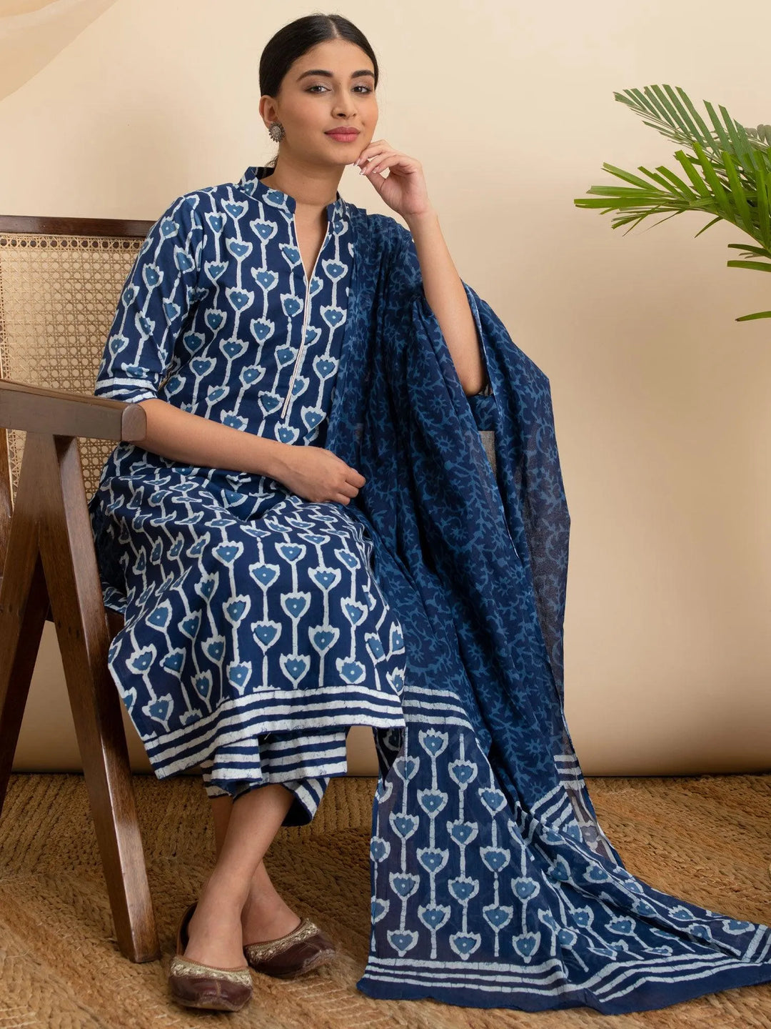 Blue Printed Cotton Suit Set - Libas 