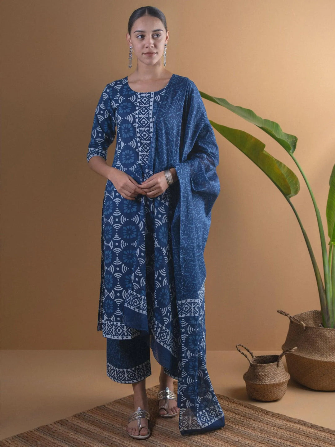 Blue Printed Cotton Suit Set - Libas 