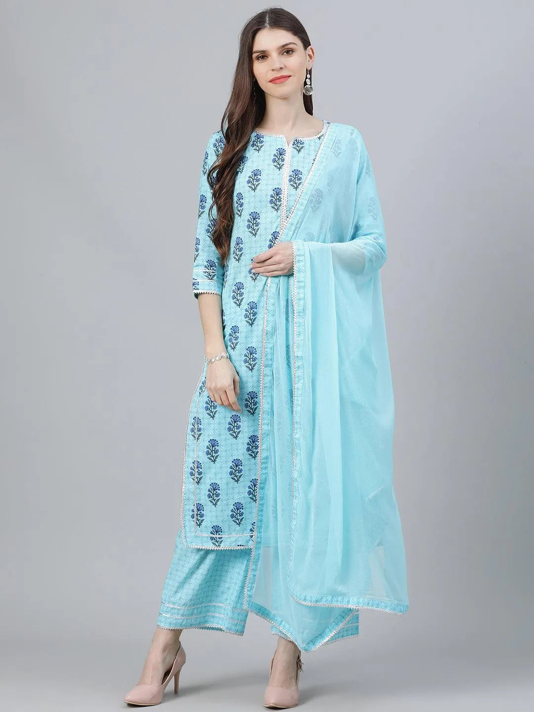 Blue Printed Cotton Suit Set - Libas 