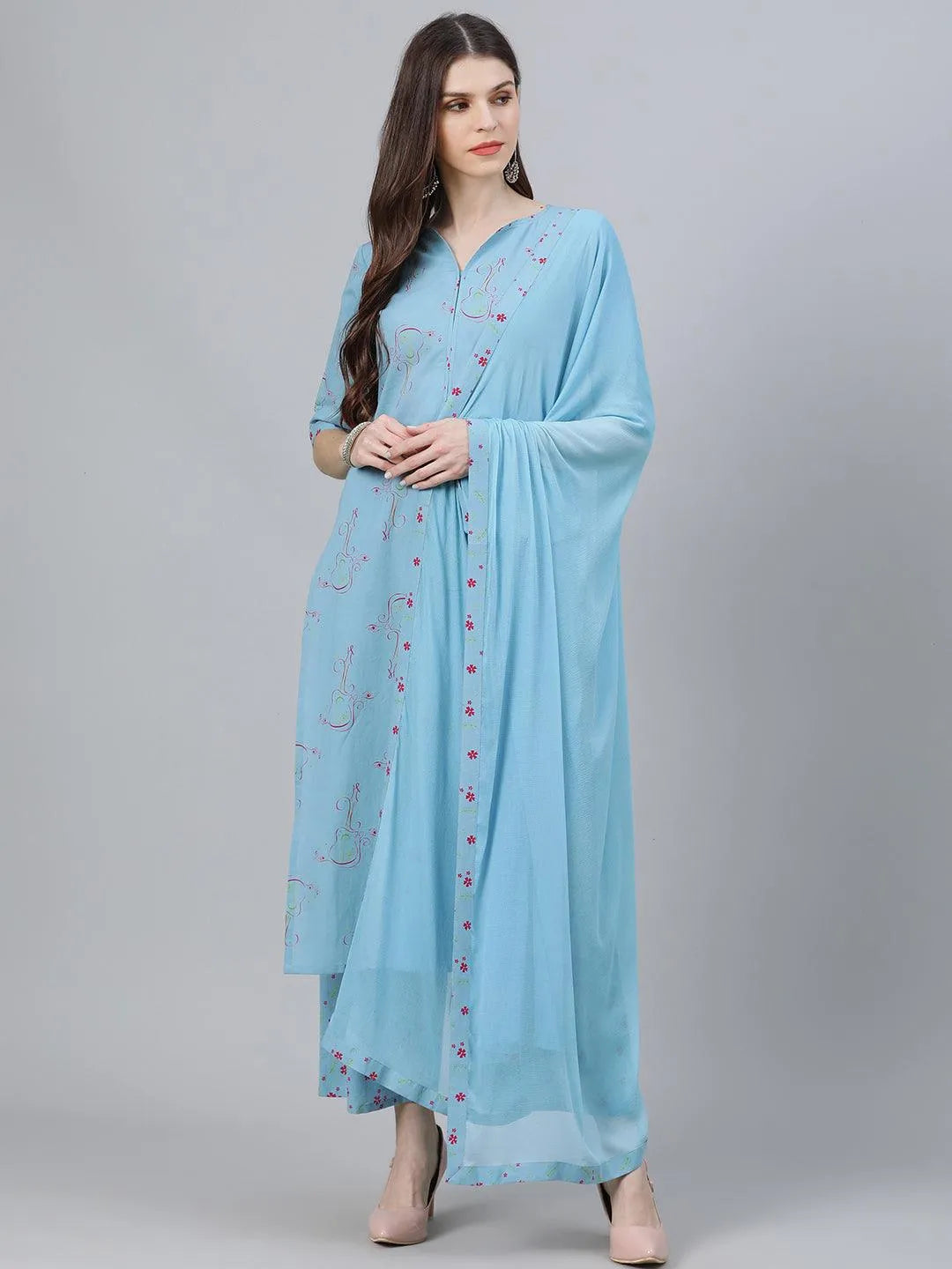 Blue Printed Cotton Suit Set - Libas 