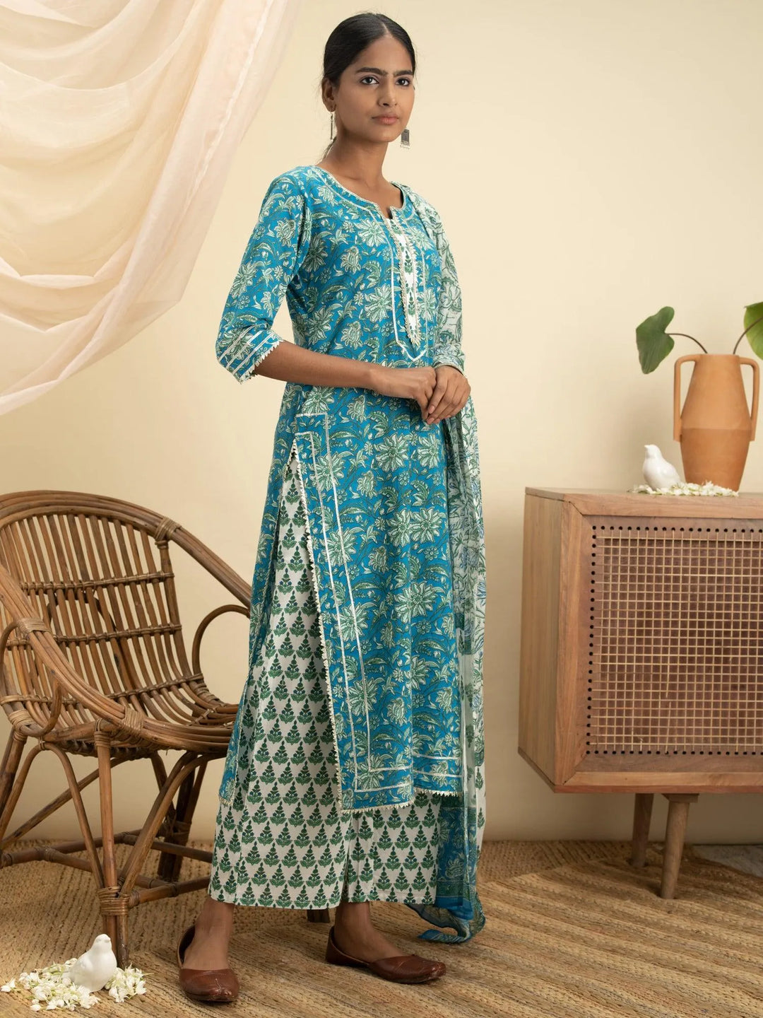 Blue Printed Cotton Suit Set - Libas 