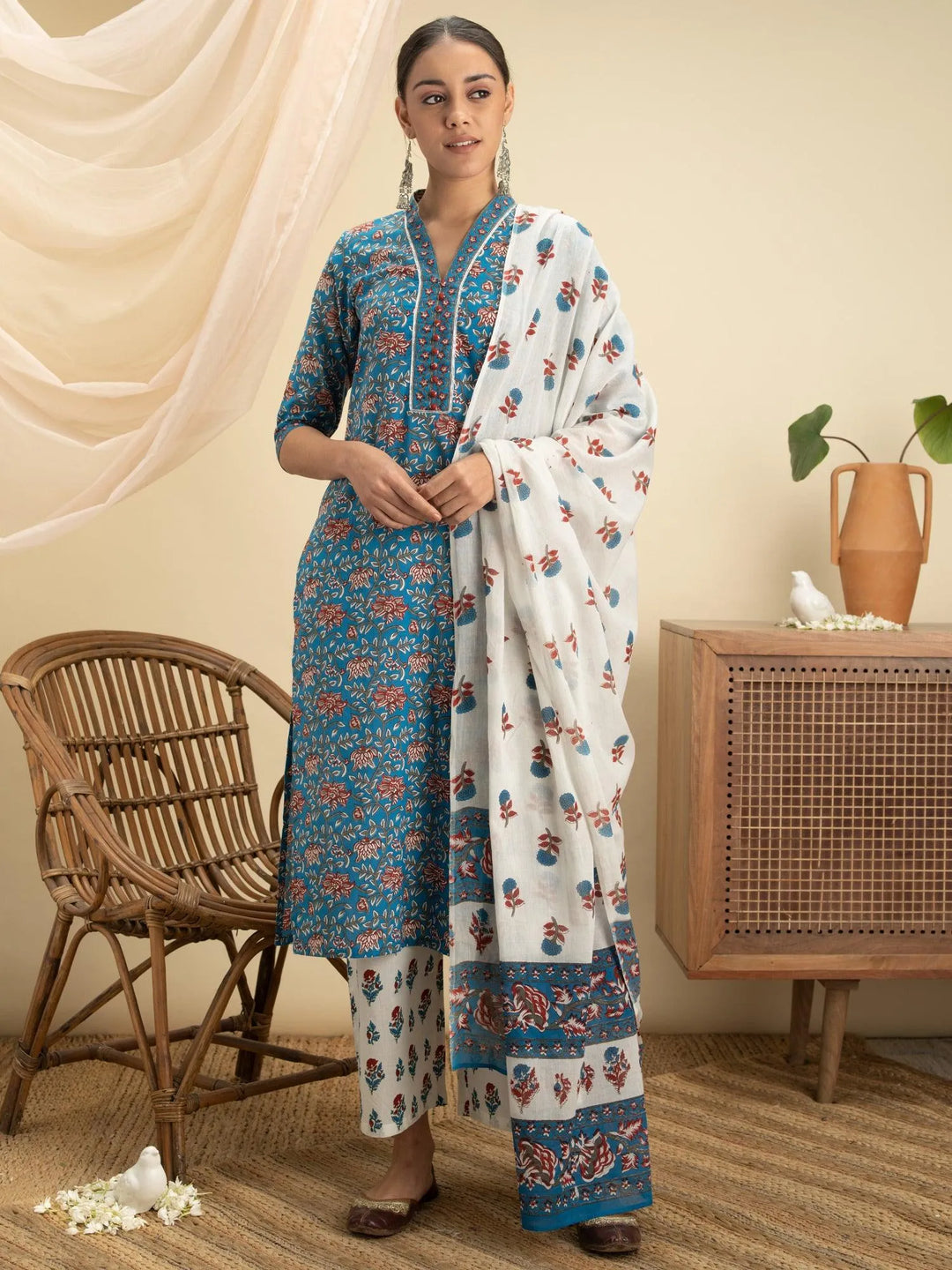 Blue Printed Cotton Suit Set - Libas 