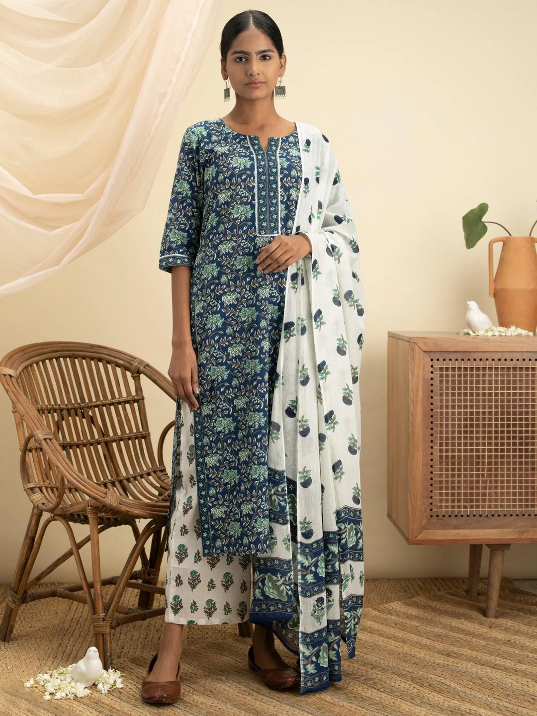 Blue Printed Cotton Suit Set - Libas 