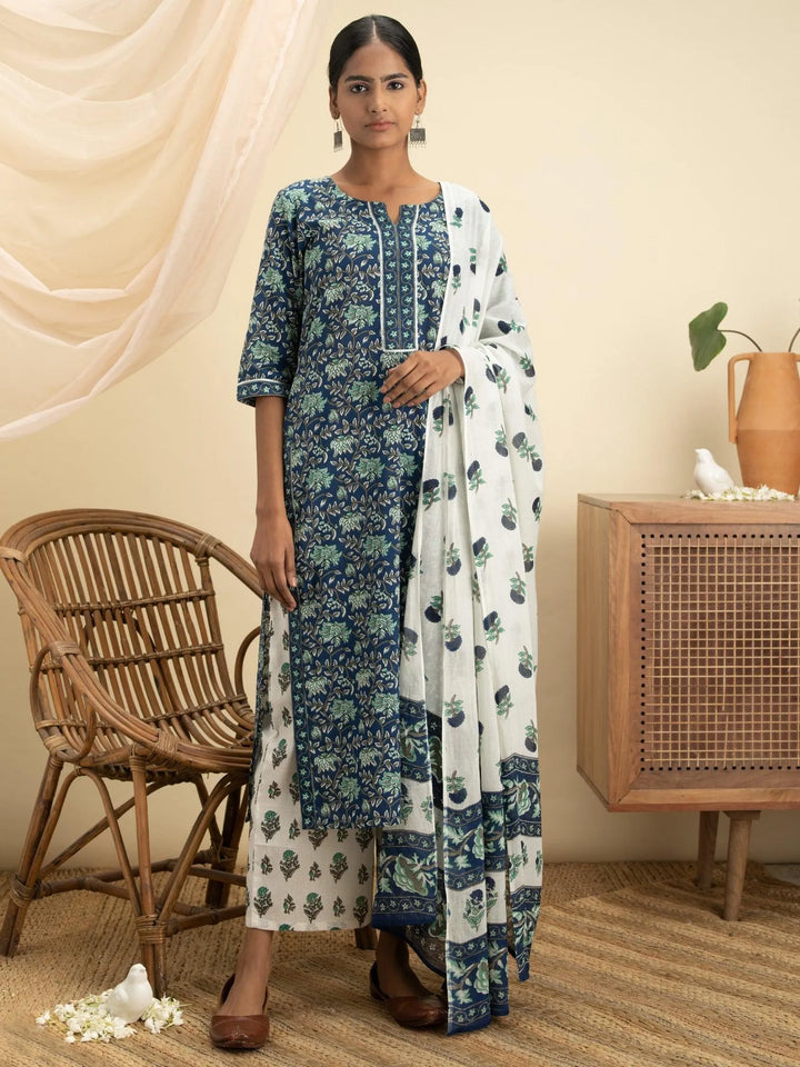 Blue Printed Cotton Suit Set - Libas