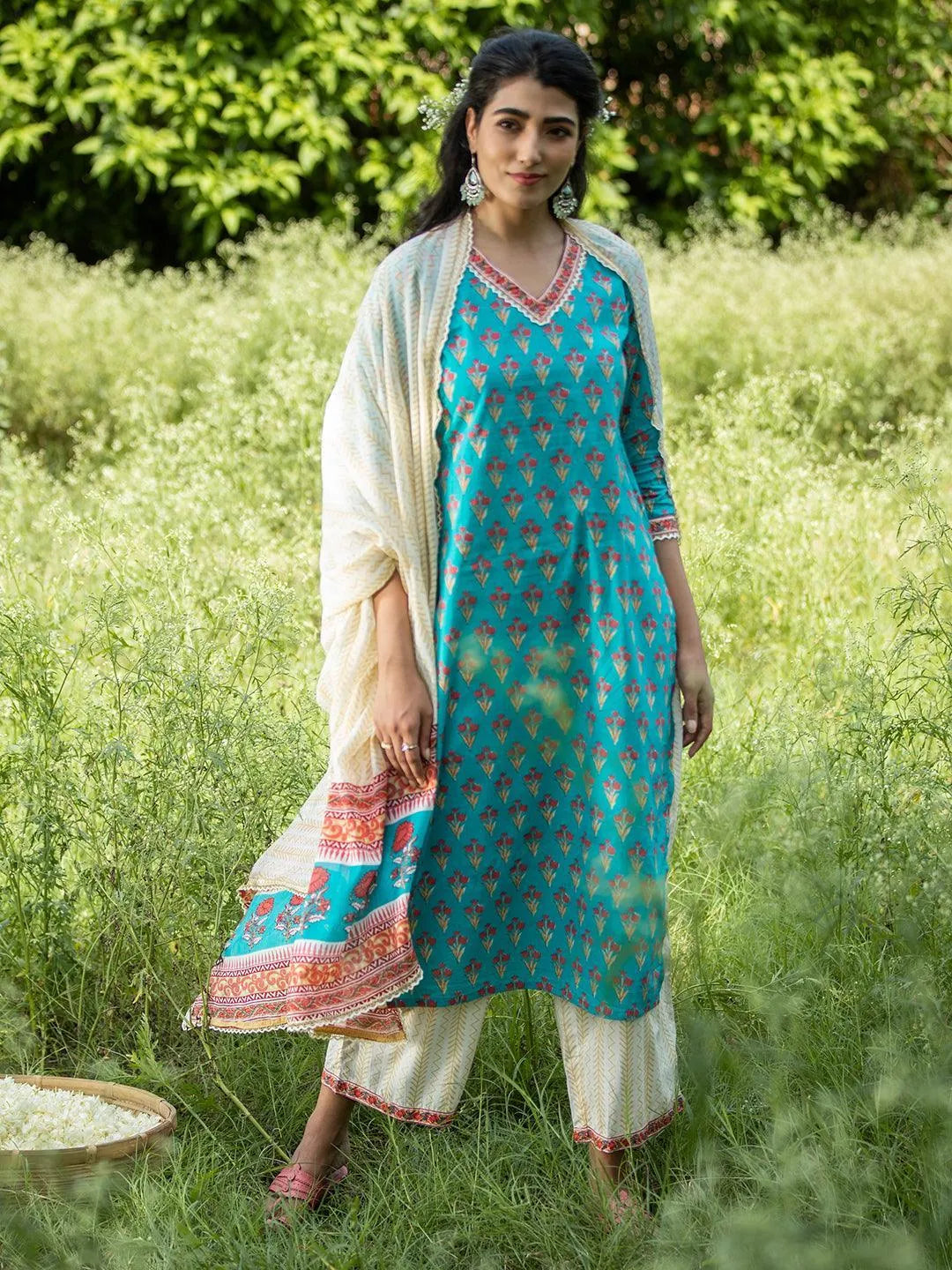 Blue Printed Cotton Straight Kurta With Palazzos & Dupatta - Libas