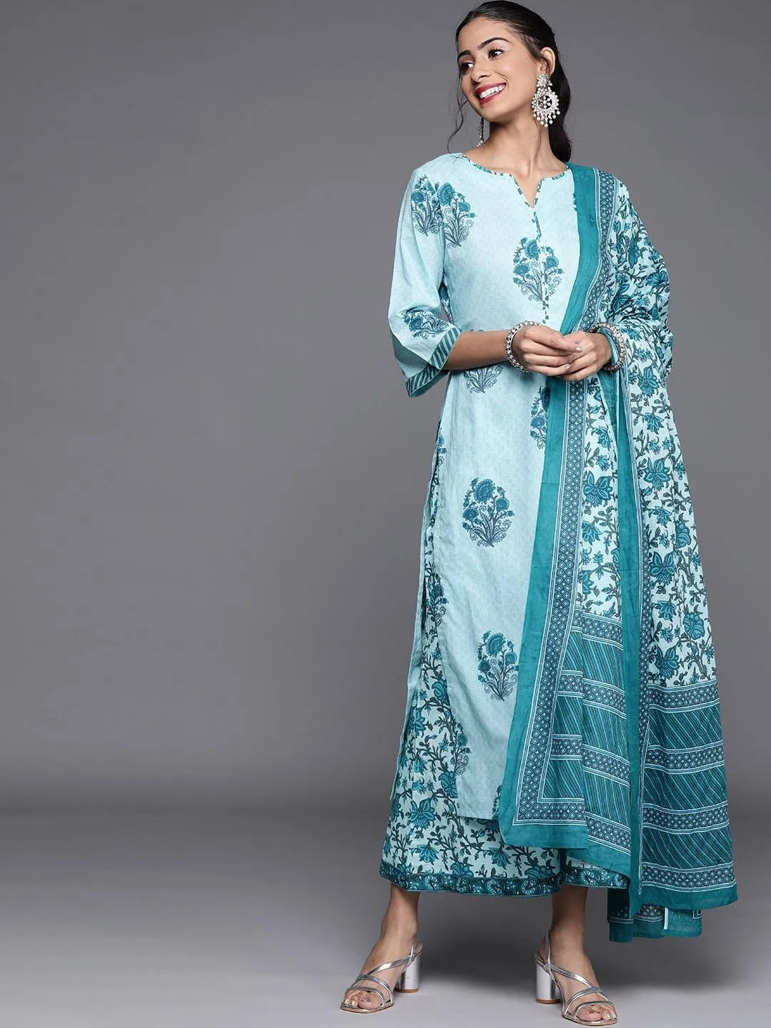 Blue Printed Cotton Suit Set - Libas 