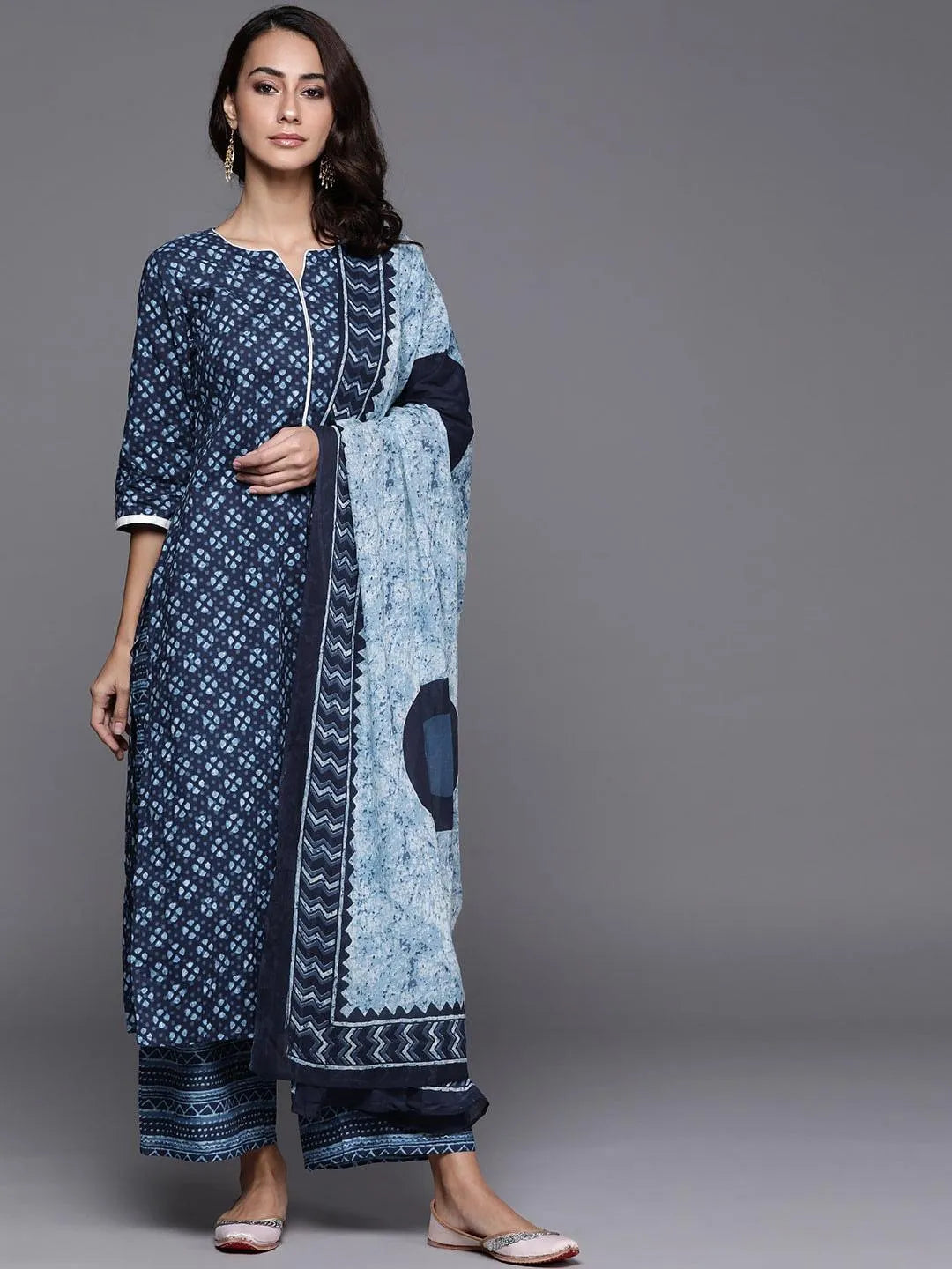 Blue Printed Cotton Suit Set - Libas 