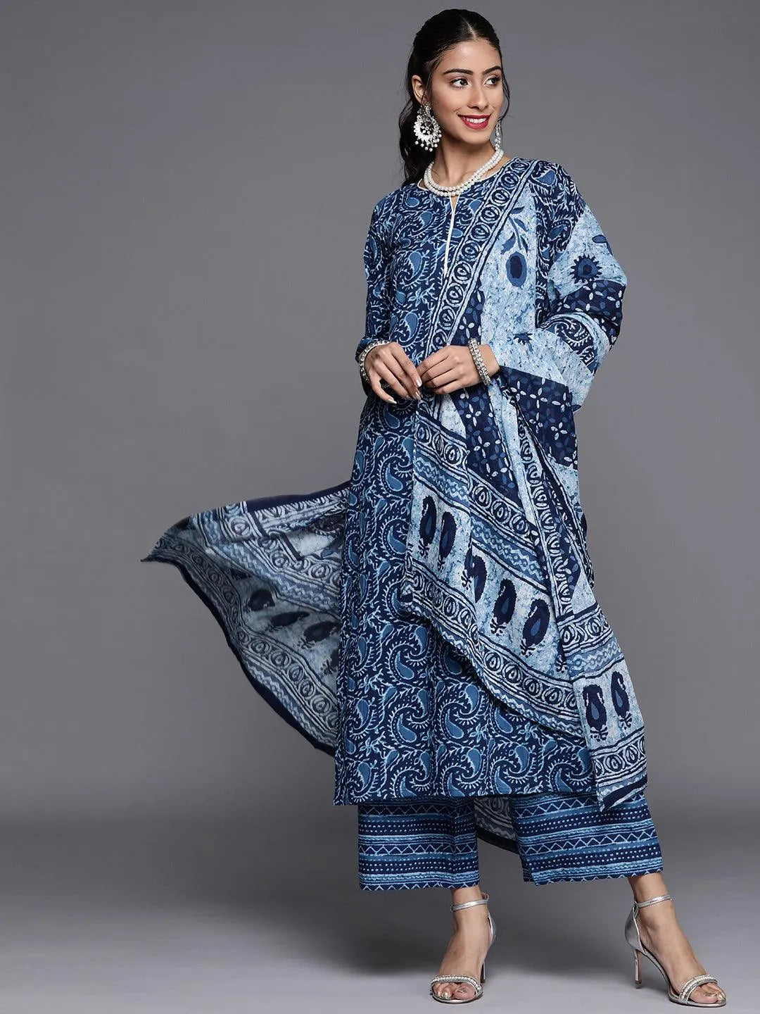 Blue Printed Cotton Suit Set - Libas 