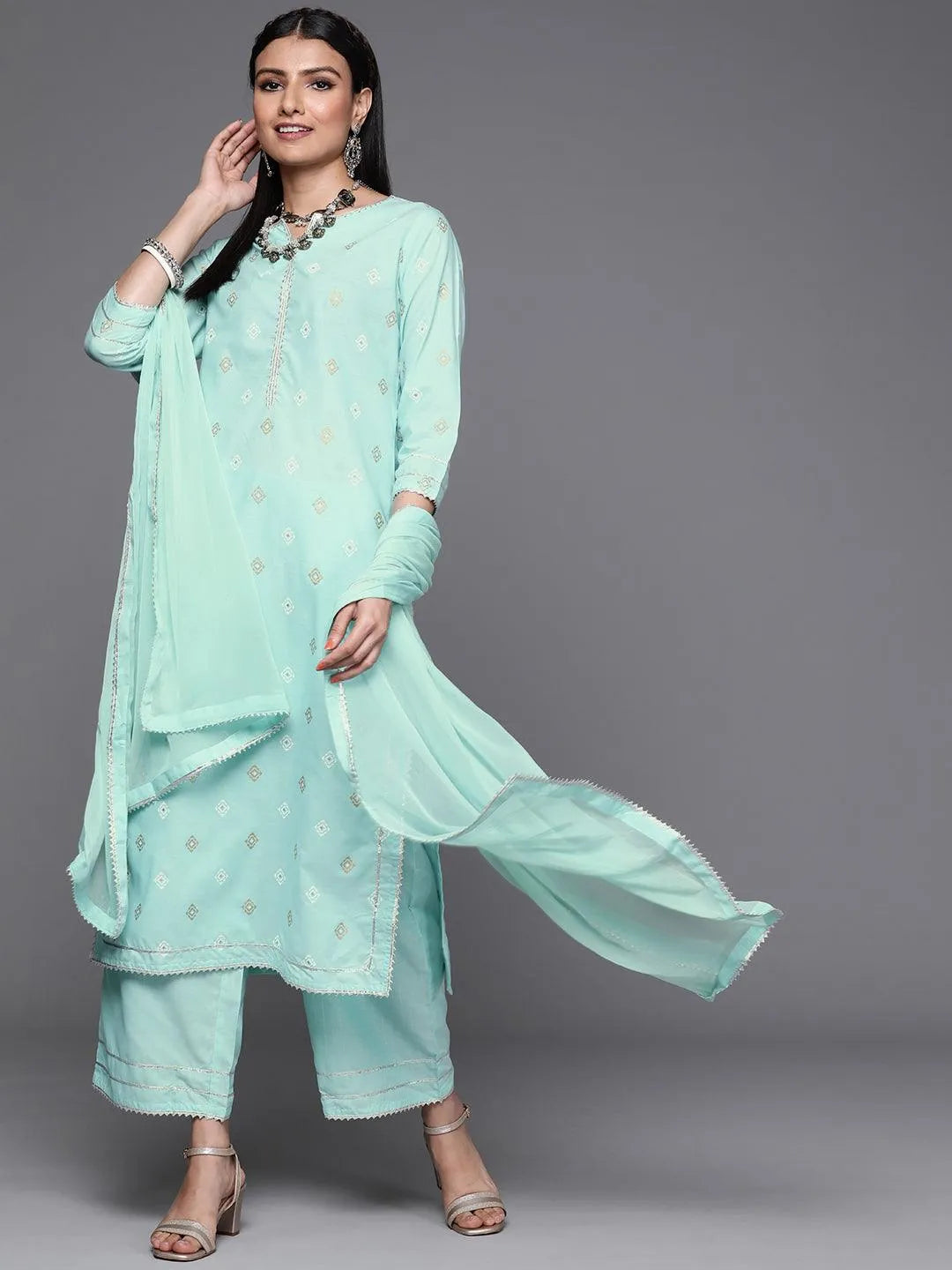 Blue Printed Cotton Suit Set - Libas 