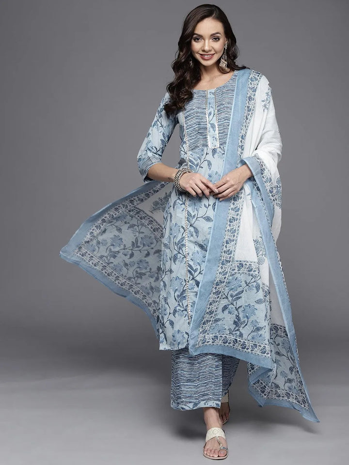 Blue Printed Cotton Straight Suit Set - Libas