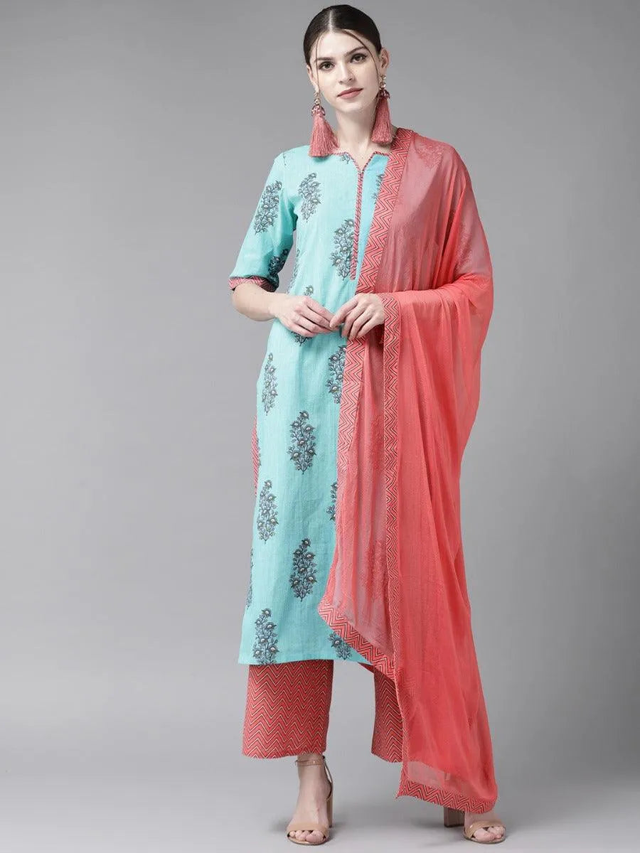 Blue Printed Cotton Suit Set - Libas