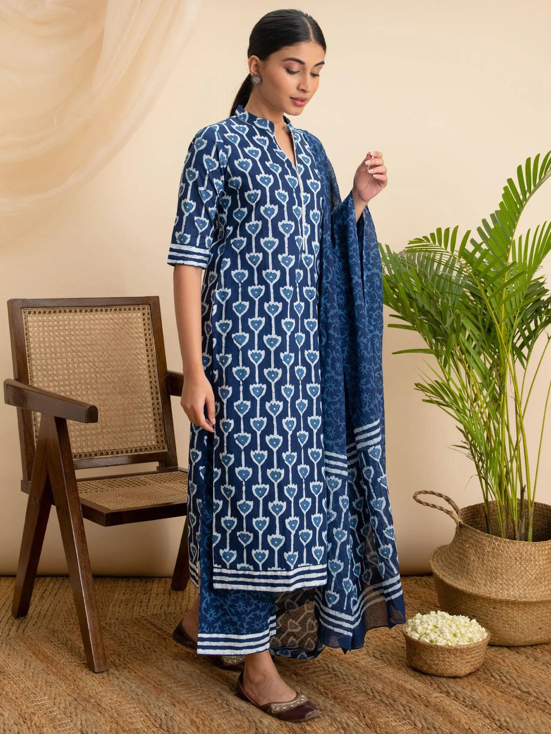 Blue Printed Cotton Suit Set - Libas 