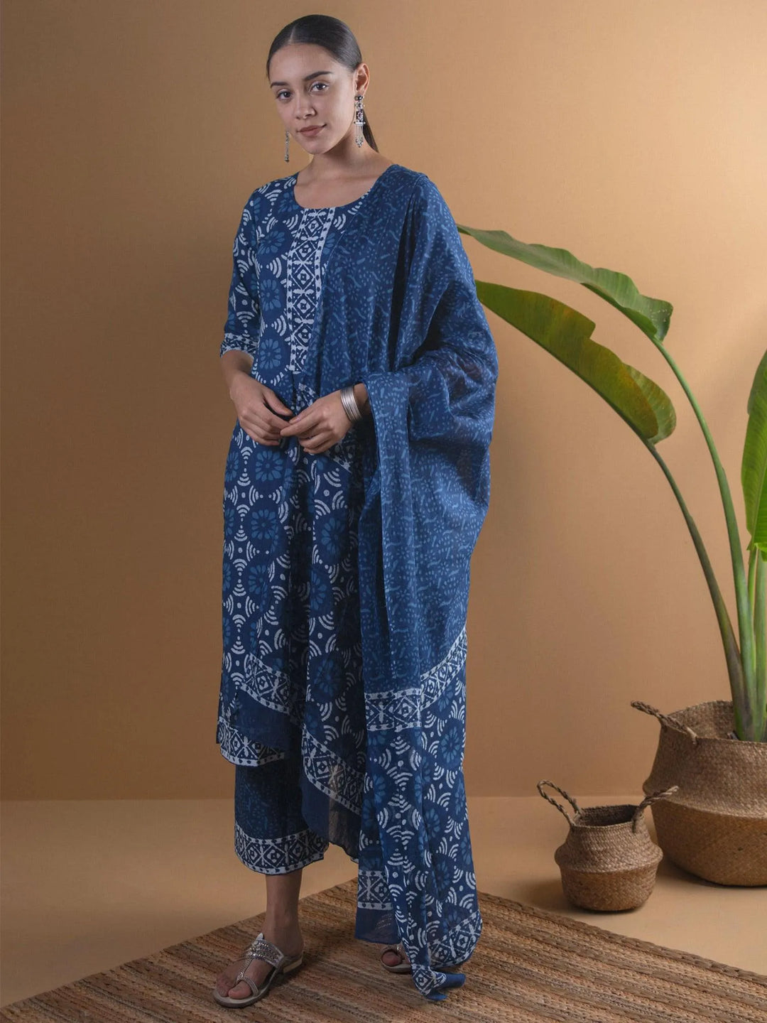 Blue Printed Cotton Suit Set - Libas 