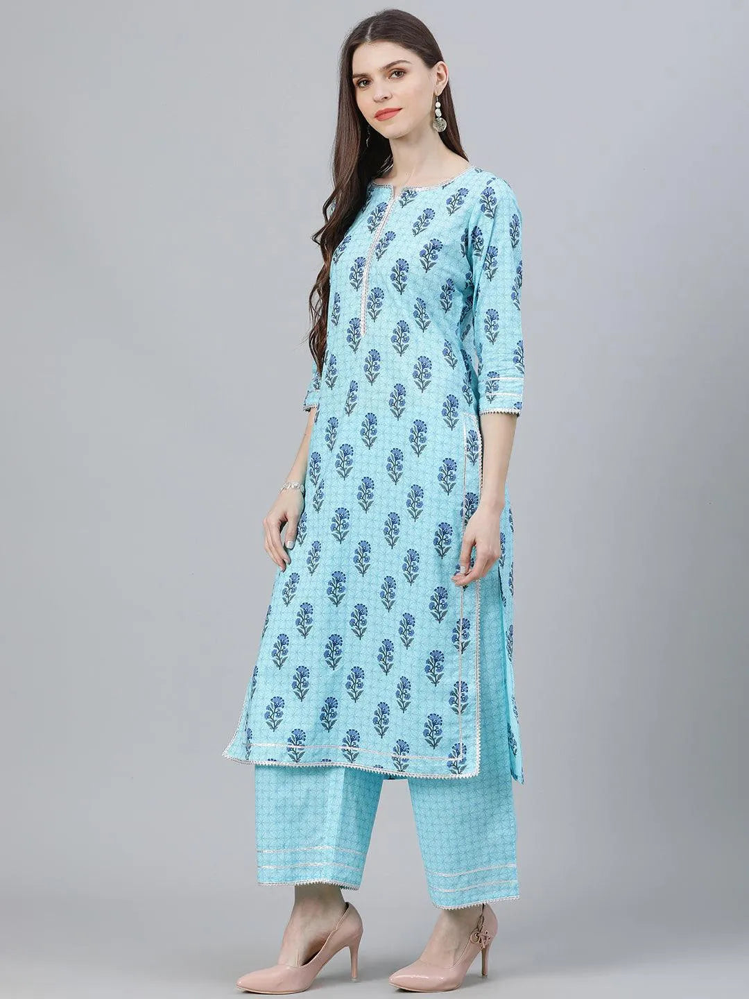 Blue Printed Cotton Suit Set - Libas 