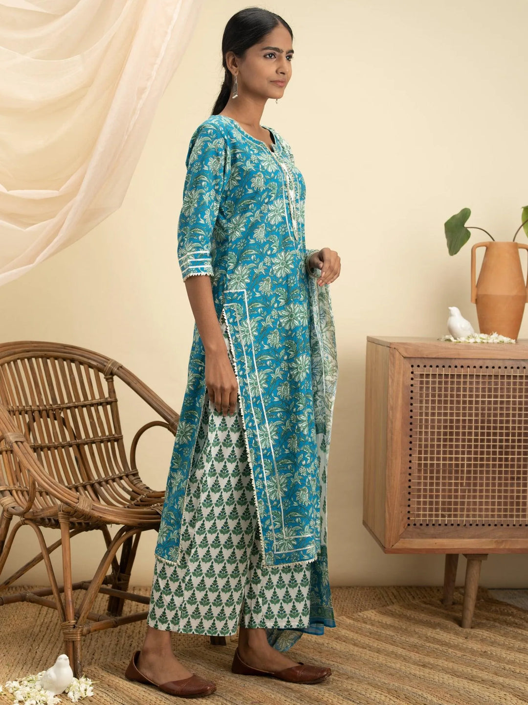 Blue Printed Cotton Suit Set - Libas 